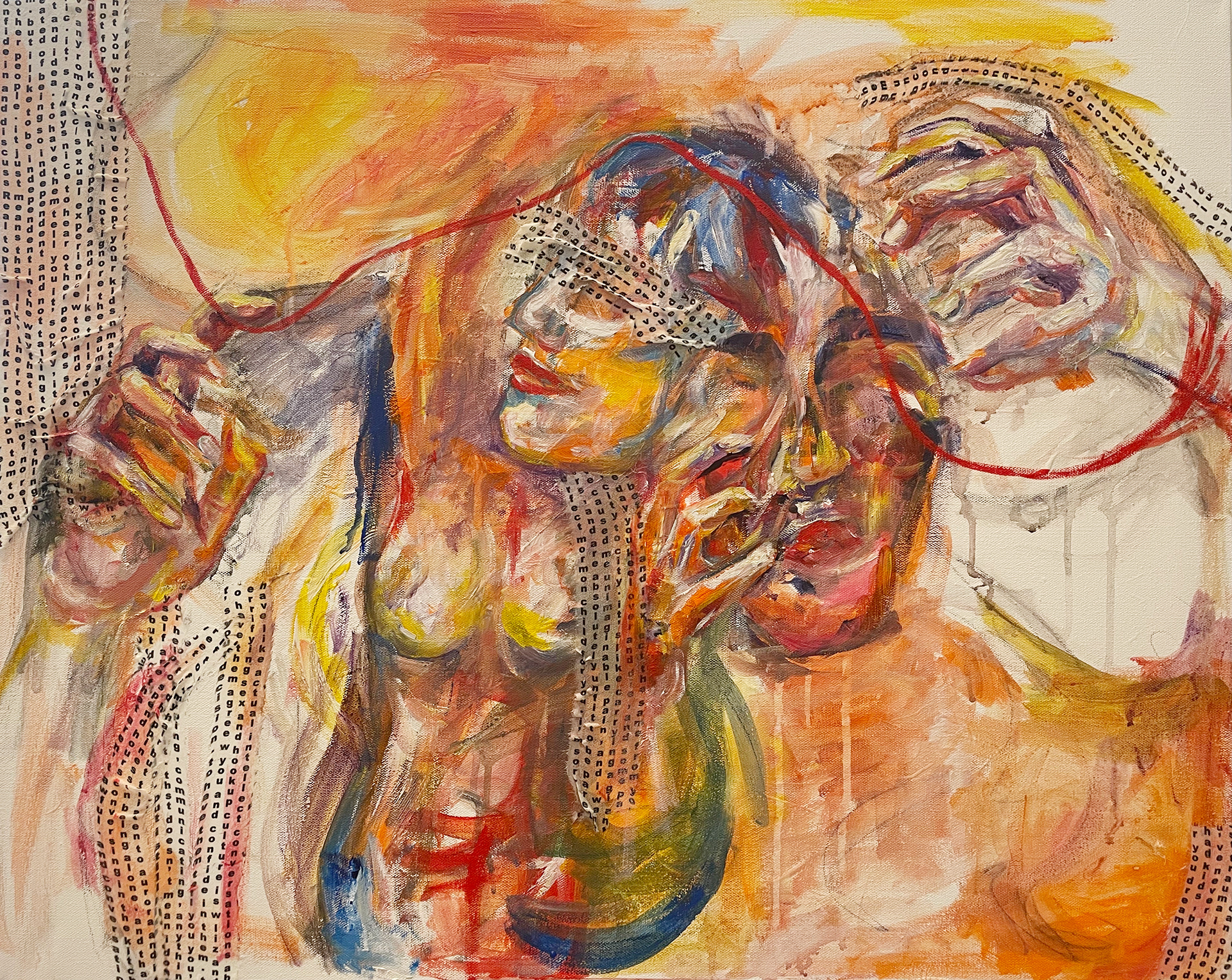 Unspoken Words painting — oil and acrylic on canvas with printed fabric